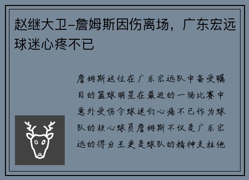 赵继大卫-詹姆斯因伤离场，广东宏远球迷心疼不已
